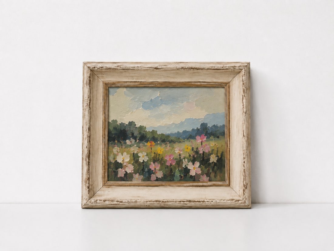 Framed Impressionist Meadow Oil Painting: Dimension: 10.5 inches , please note Due to manual measurement, dimensions may vary. Condition: Good used condition, please note buyers are obligated to come to the site to inspect the condition and d