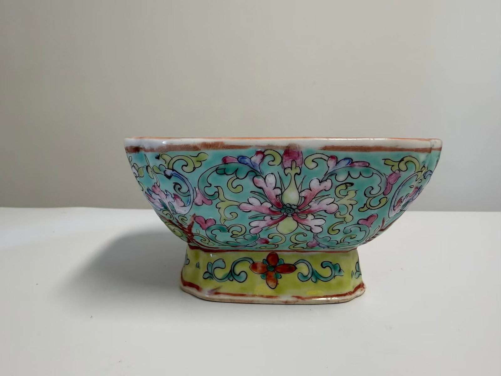 Chinese enamel famille rose lotus flowers porcelain square bowl mark: Dimension: 5 inches , please note Due to manual measurement, dimensions may vary. Condition: Good used condition, please note buyers are obligated to come to the site to inspect the condition and deta