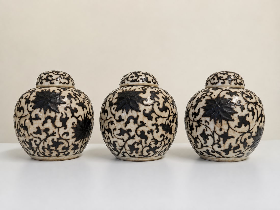 Set of 3 Chinese ice crack glazed porcelain jars: Dimension: 6 inches , please note Due to manual measurement, dimensions may vary. Condition: Good used condition, please note buyers are obligated to come to the site to inspect the condition and deta