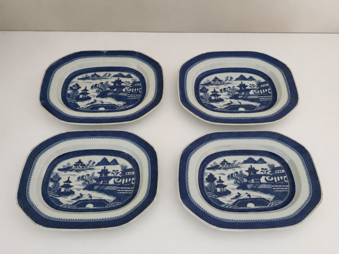 Set of 4 blue and white landscape chargers: Dimension: 10.5 inches , please note Due to manual measurement, dimensions may vary. Condition: Good used condition, please note buyers are obligated to come to the site to inspect the condition and d
