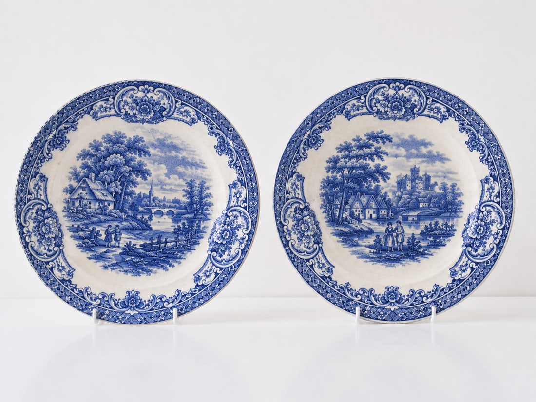 Pair Of Vintage Blue-and-White Pastoral Plates: Dimension: 8.8 inches , please note Due to manual measurement, dimensions may vary. Condition: Good used condition, please note buyers are obligated to come to the site to inspect the condition and de
