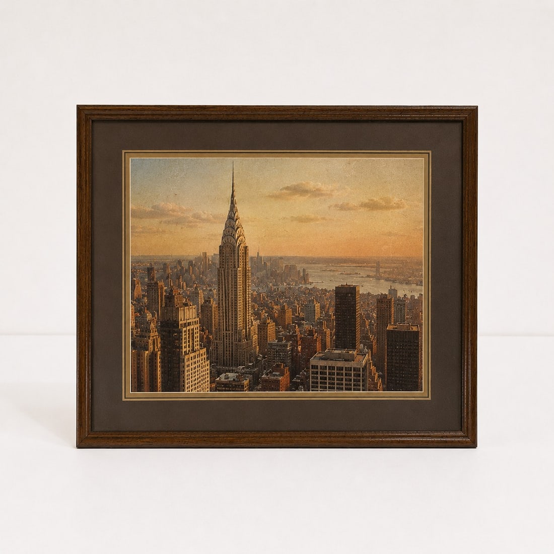 Framed Vintage Chrysler Building Skyline: Dimension: 19 inches , please note Due to manual measurement, dimensions may vary. Condition: Good used condition, please note buyers are obligated to come to the site to inspect the condition and