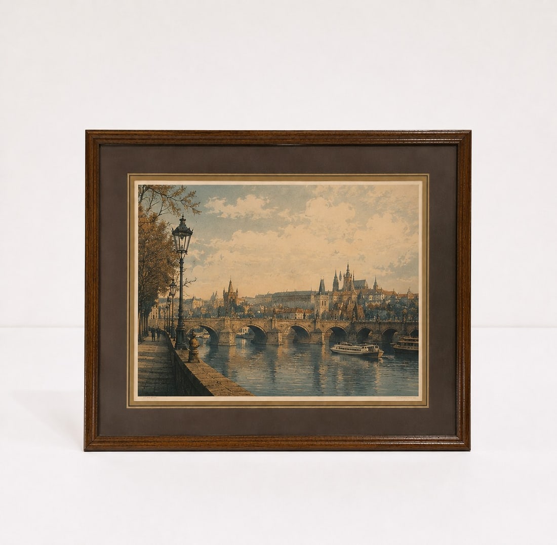 Framed Vintage European River Bridge Print: Dimension: 19 inches , please note Due to manual measurement, dimensions may vary. Condition: Good used condition, please note buyers are obligated to come to the site to inspect the condition and det