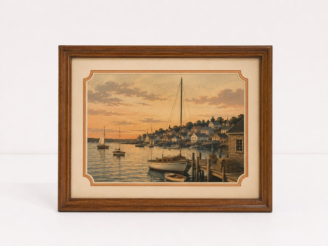 Framed Vintage Harbor at Sunset: Dimension: 18.8 inches , please note Due to manual measurement, dimensions may vary. Condition: Good used condition, please note buyers are obligated to come to the site to inspect the condition and d