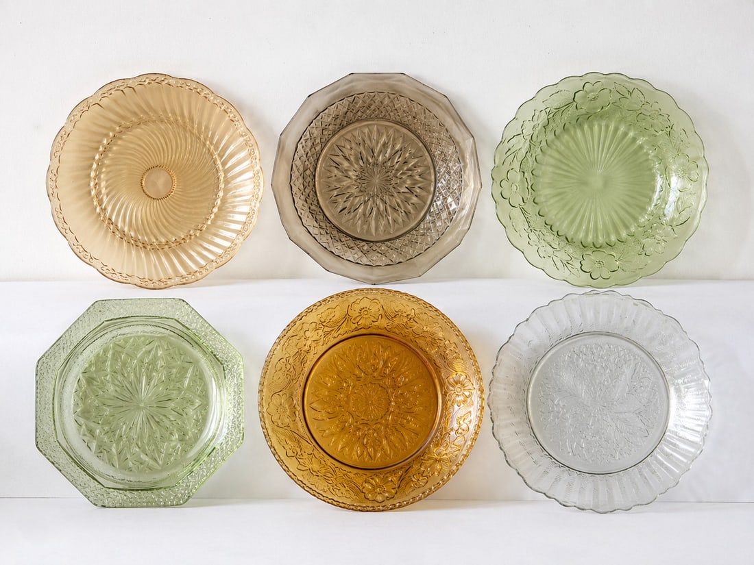 Decorative Glass Plates Collection: Dimension: 7 inches , please note Due to manual measurement, dimensions may vary. Condition: Good used condition, please note buyers are obligated to come to the site to inspect the condition and deta