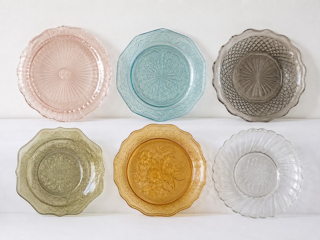 Set of 6 Decorative Glass Plates: Dimension: 7 inches , please note Due to manual measurement, dimensions may vary. Condition: Good used condition, please note buyers are obligated to come to the site to inspect the condition and deta
