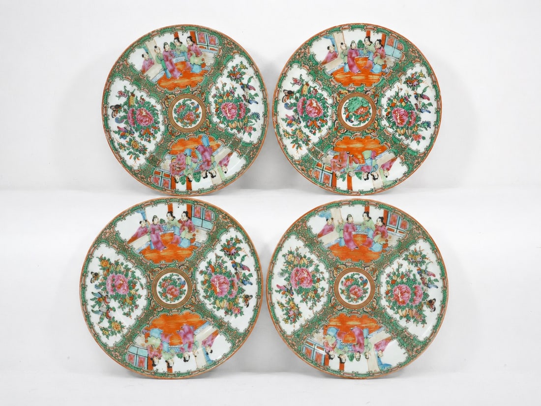 Set Of 4 Chinese enamel famille rose porcelain Plates: Dimension: 9 inches , please note Due to manual measurement, dimensions may vary. Condition: Good used condition, please note buyers are obligated to come to the site to inspect the condition and