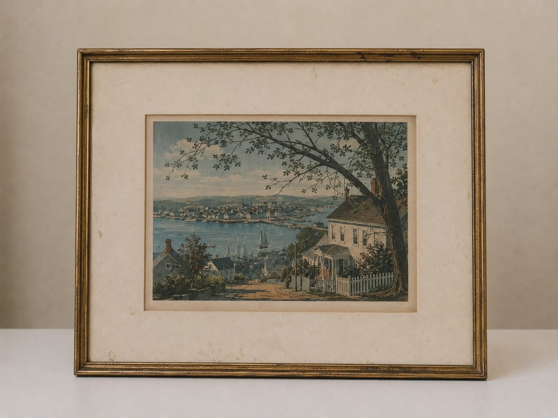 Vintage Harbor Town Framed Watercolor Print: Dimension: 16 inches , please note Due to manual measurement, dimensions may vary. Condition: Good used condition, please note buyers are obligated to come to the site to inspect the condition and det