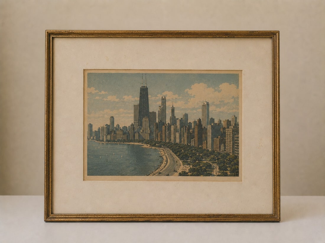 Vintage Framed Lakeside Cityscape: Dimension: 16 inches , please note Due to manual measurement, dimensions may vary. Condition: Good used condition, please note buyers are obligated to come to the site to inspect the condition and det