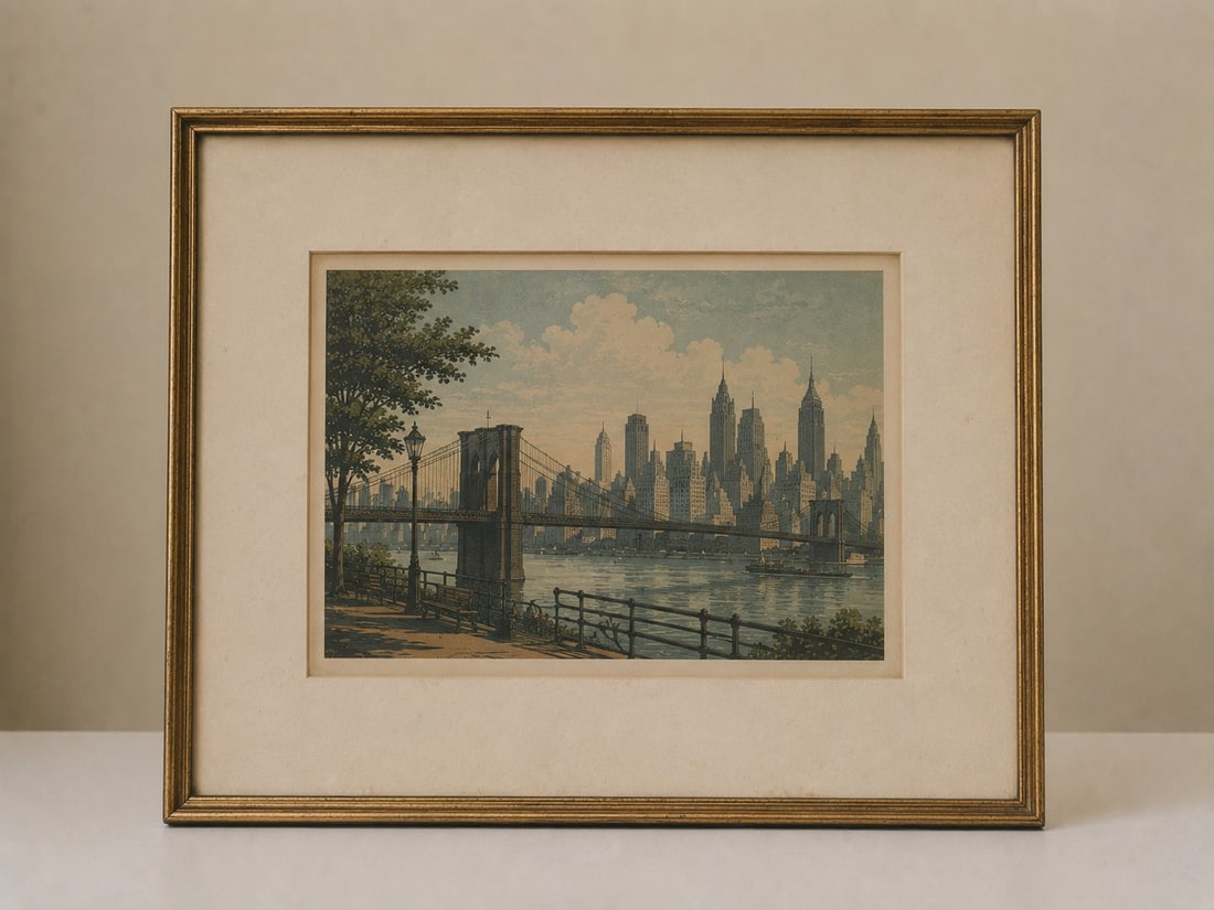 Vintage City Skyline Bridge Print: Dimension: 16 inches , please note Due to manual measurement, dimensions may vary. Condition: Good used condition, please note buyers are obligated to come to the site to inspect the condition and det