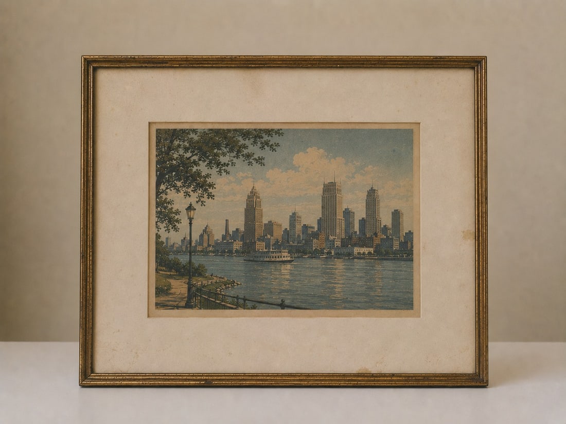 Vintage Framed Waterfront Cityscape: Dimension: 16 inches , please note Due to manual measurement, dimensions may vary. Condition: Good used condition, please note buyers are obligated to come to the site to inspect the condition and det