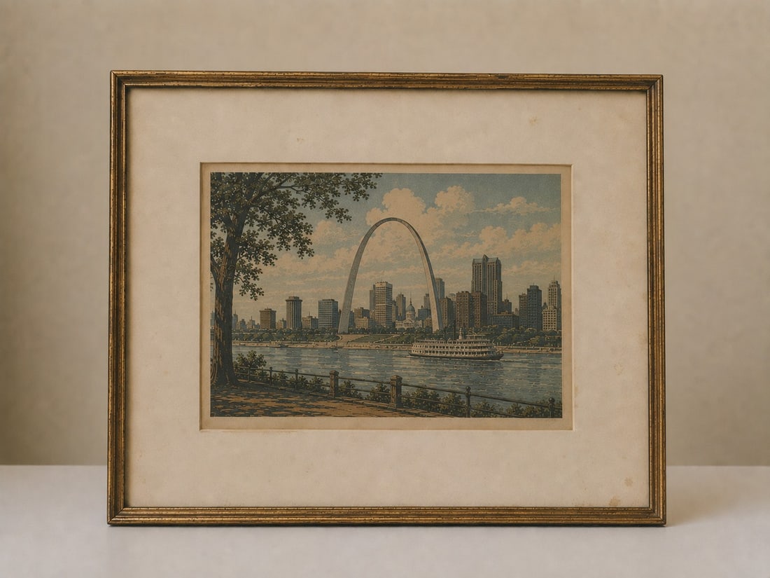 Vintage Gateway Arch Riverfront Print: Dimension: 16 inches , please note Due to manual measurement, dimensions may vary. Condition: Good used condition, please note buyers are obligated to come to the site to inspect the condition and det