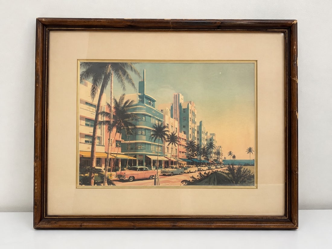 Vintage Miami Art Deco Framed Print: Dimension: 16 inches , please note Due to manual measurement, dimensions may vary. Condition: Good used condition, please note buyers are obligated to come to the site to inspect the condition and det