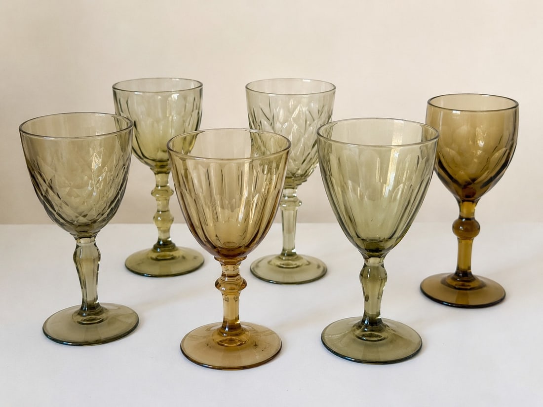 Set of 6 Vintage Tinted Glass Cups: Dimension: 6 inches , please note Due to manual measurement, dimensions may vary. Condition: Good used condition, please note buyers are obligated to come to the site to inspect the condition and deta