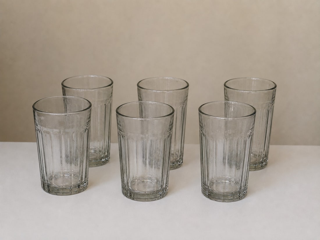 Set of 6 Vintage Glass Cups: Dimension: 6 inches , please note Due to manual measurement, dimensions may vary. Condition: Good used condition, please note buyers are obligated to come to the site to inspect the condition and deta