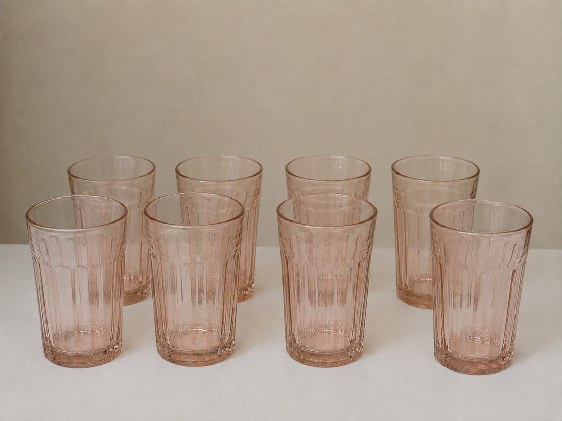Set of 8 Vintage Glass Pink Cups: Dimension: 6 inches , please note Due to manual measurement, dimensions may vary. Condition: Good used condition, please note buyers are obligated to come to the site to inspect the condition and deta