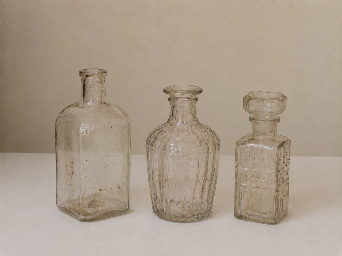 Set of 3 Vintage Glass bottles: Dimension: 10.5 inches , please note Due to manual measurement, dimensions may vary. Condition: Good used condition, please note buyers are obligated to come to the site to inspect the condition and d