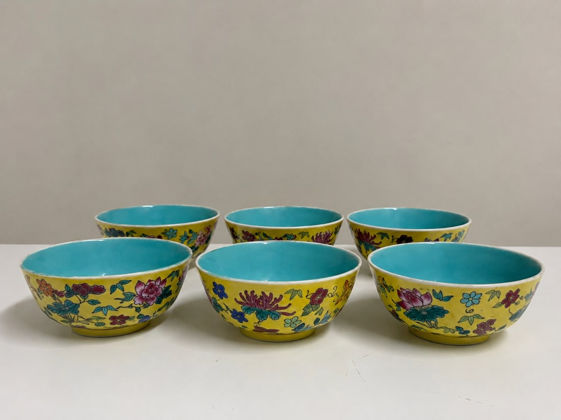 Set of 6 Chinese yellow glazed flowers bowls: Dimension: 4.6 inches , please note Due to manual measurement, dimensions may vary. Condition: Good used condition, please note buyers are obligated to come to the site to inspect the condition and de