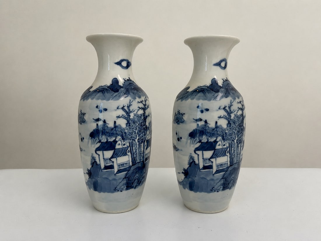 Pair of blue and white landscape porcelain vase: Dimension: 9.3 inches , please note Due to manual measurement, dimensions may vary. Condition: Good used condition, please note buyers are obligated to come to the site to inspect the condition and de