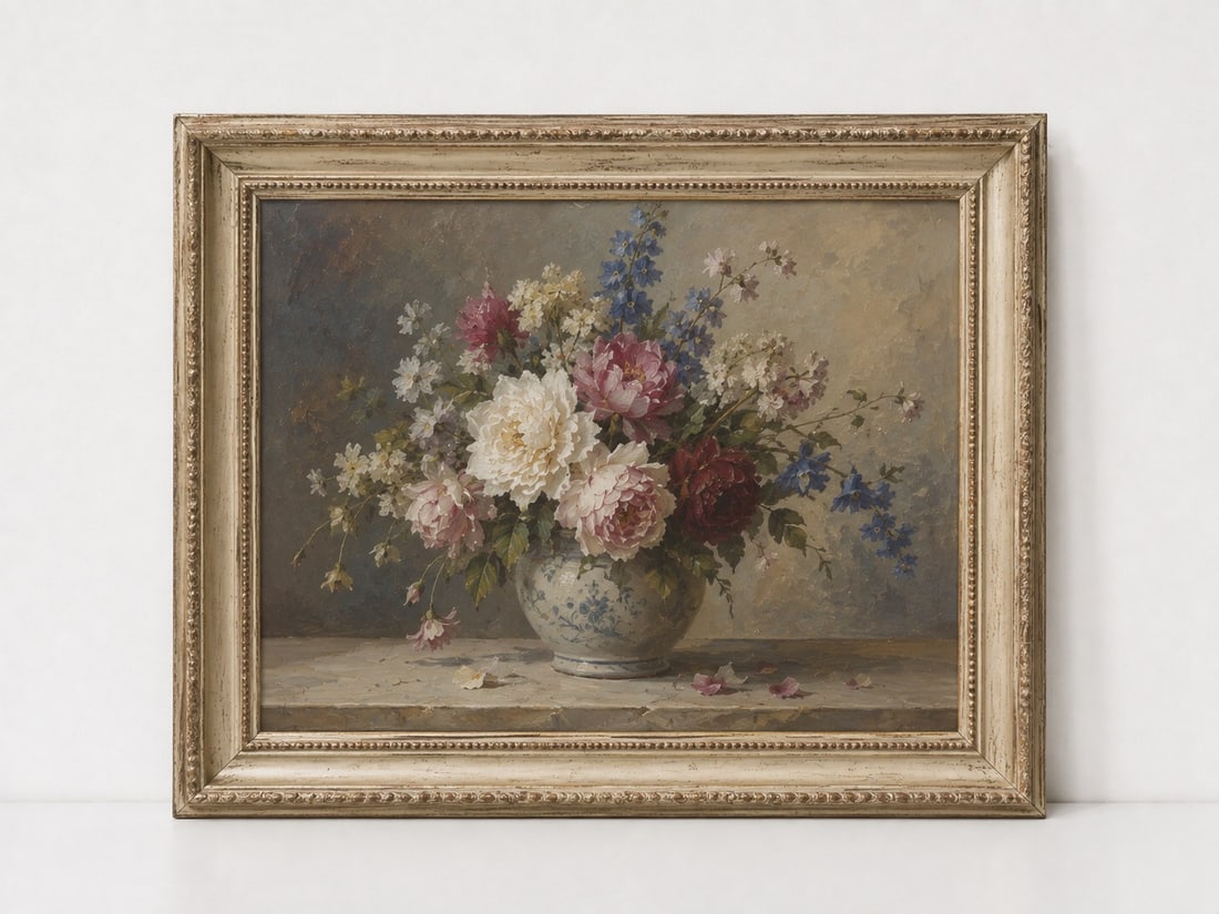 Vintage Framed Floral Still Life: Dimension: 19.6 inches , please note Due to manual measurement, dimensions may vary. Condition: Good used condition, please note buyers are obligated to come to the site to inspect the condition and
