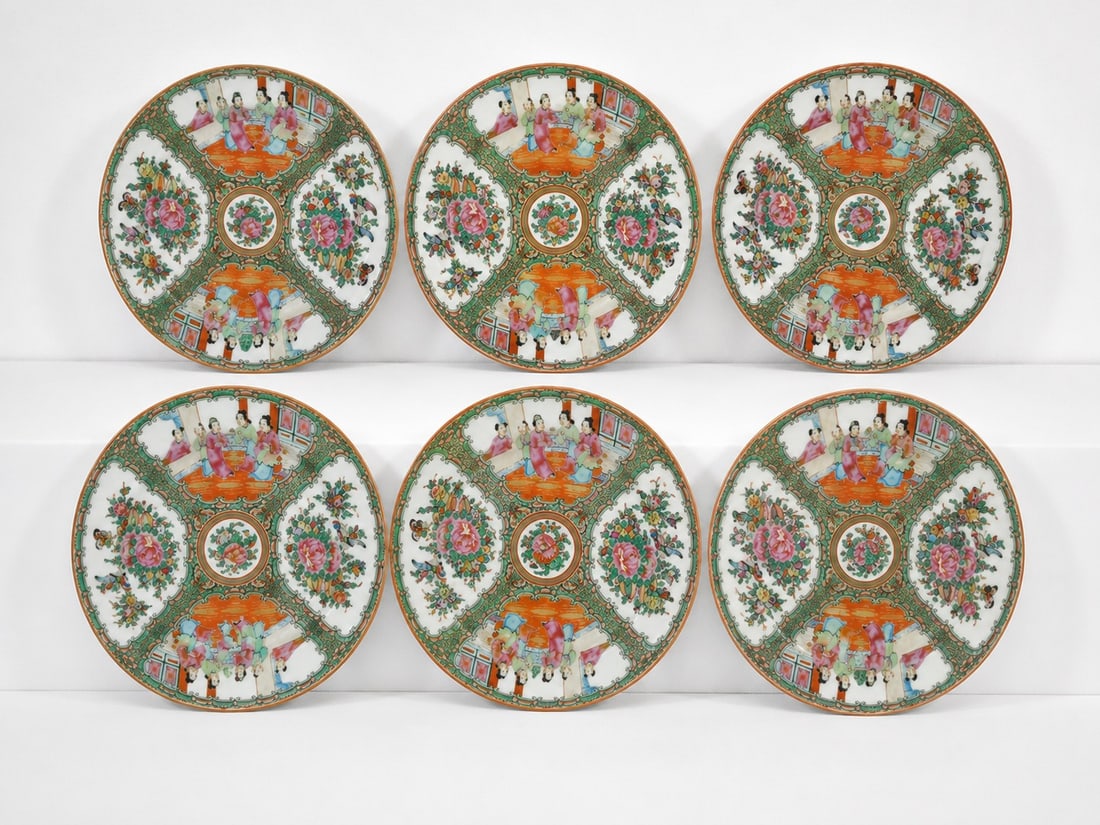 Set Of 6 Chinese enamel famille rose porcelain plates: Dimension: 9.5 inches , please note Due to manual measurement, dimensions may vary. Condition: Good used condition, please note buyers are obligated to come to the site to inspect the condition and de