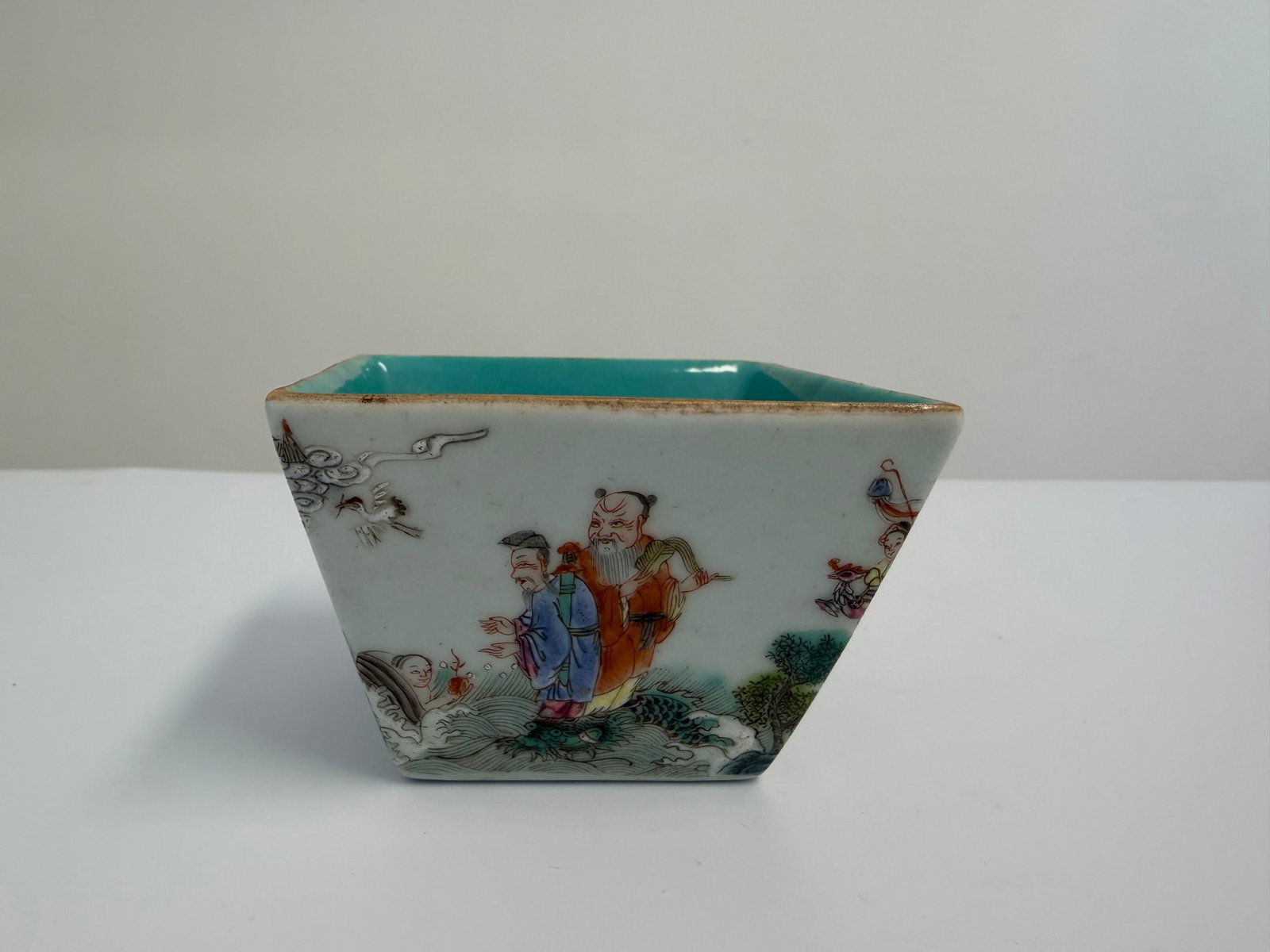 Chinese enamel famille rose figures scene square porcelain bowl mark: Dimension: 2.8x2.2 inches , please note Due to manual measurement, dimensions may vary. Condition: Good used condition, please note buyers are obligated to come to the site to inspect the condition