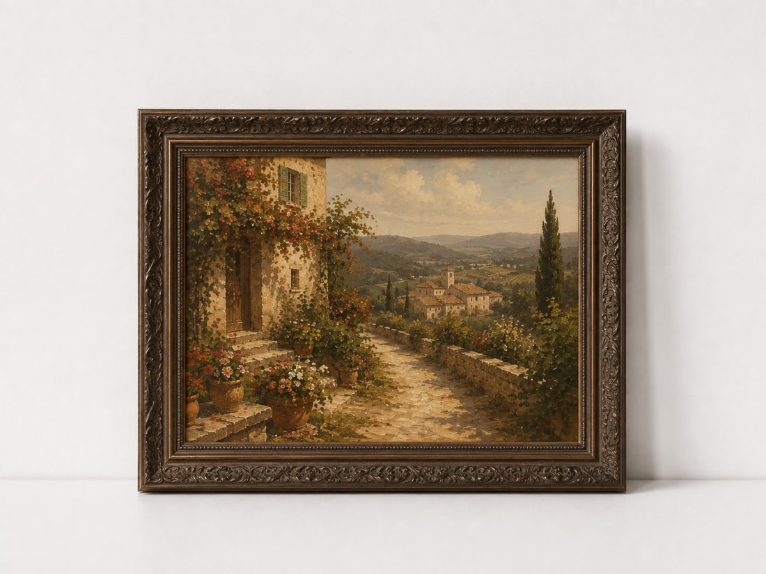 Vintage Framed Sunlit Village Landscape: Dimension: 23 inches , please note Due to manual measurement, dimensions may vary. Condition: Good used condition, please note buyers are obligated to come to the site to inspect the condition and
