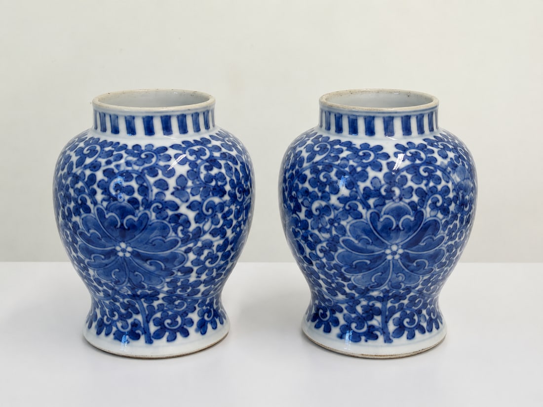 Pair of blue and white lotus porcelain jars: Dimension: inches , please note Due to manual measurement, dimensions may vary. Condition: Good used condition, please note buyers are obligated to come to the site to inspect the condition and