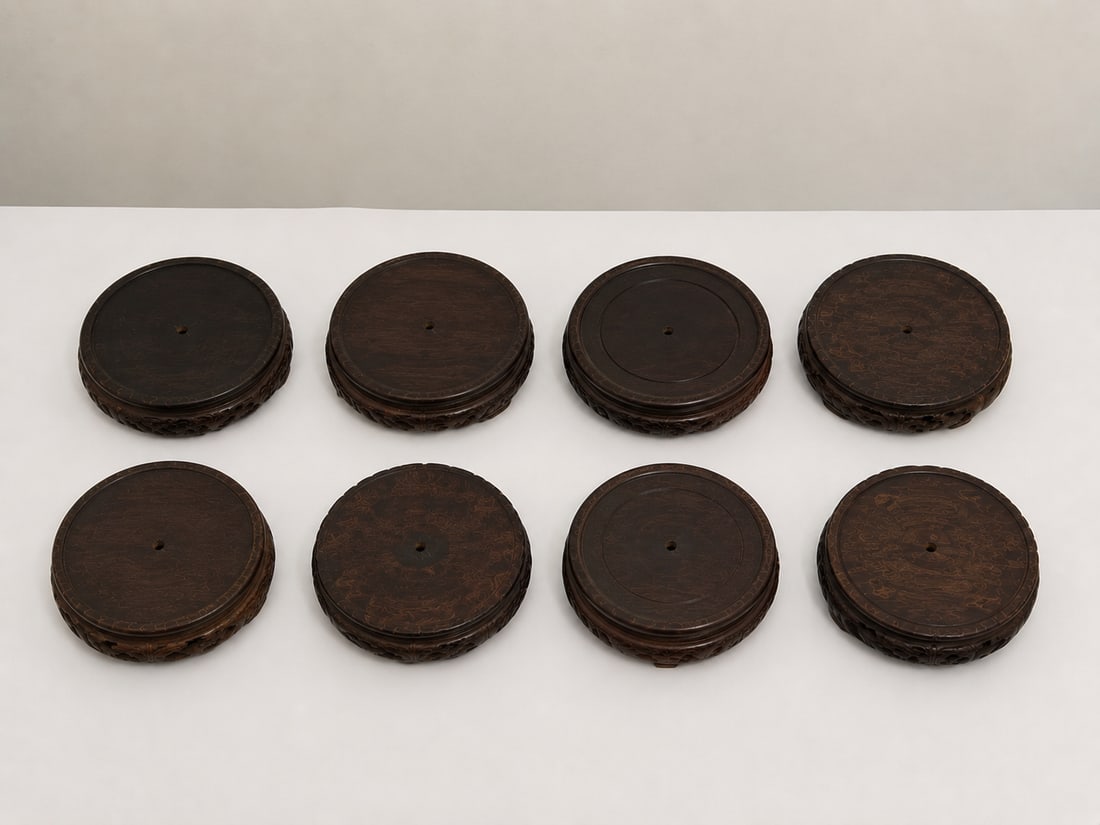 Set of 8 vintage wooden stands: Dimension: inches , please note Due to manual measurement, dimensions may vary. Condition: Good used condition, please note buyers are obligated to come to the site to inspect the condition and detail