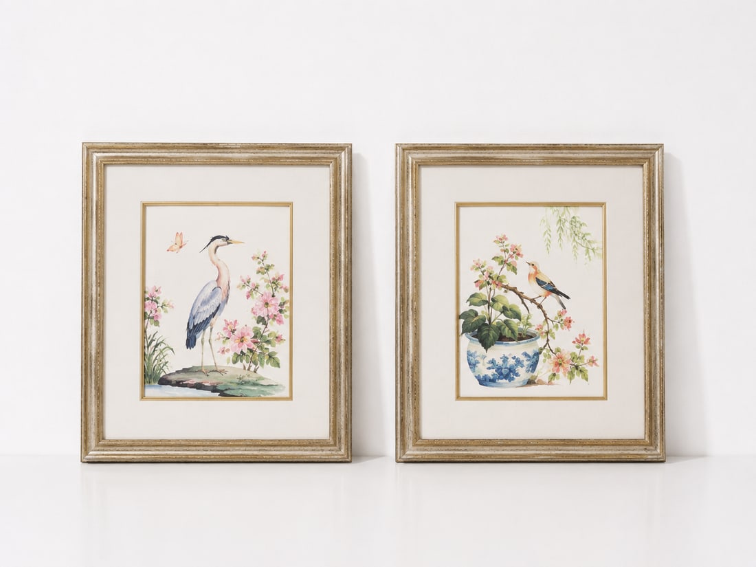 2 Framed Whimsical Bird Watercolors: Dimension: 18 inch , please note Due to manual measurement, dimensions may vary. Condition: Good used condition, please note buyers are obligated to come to the site to inspect the condition and detai