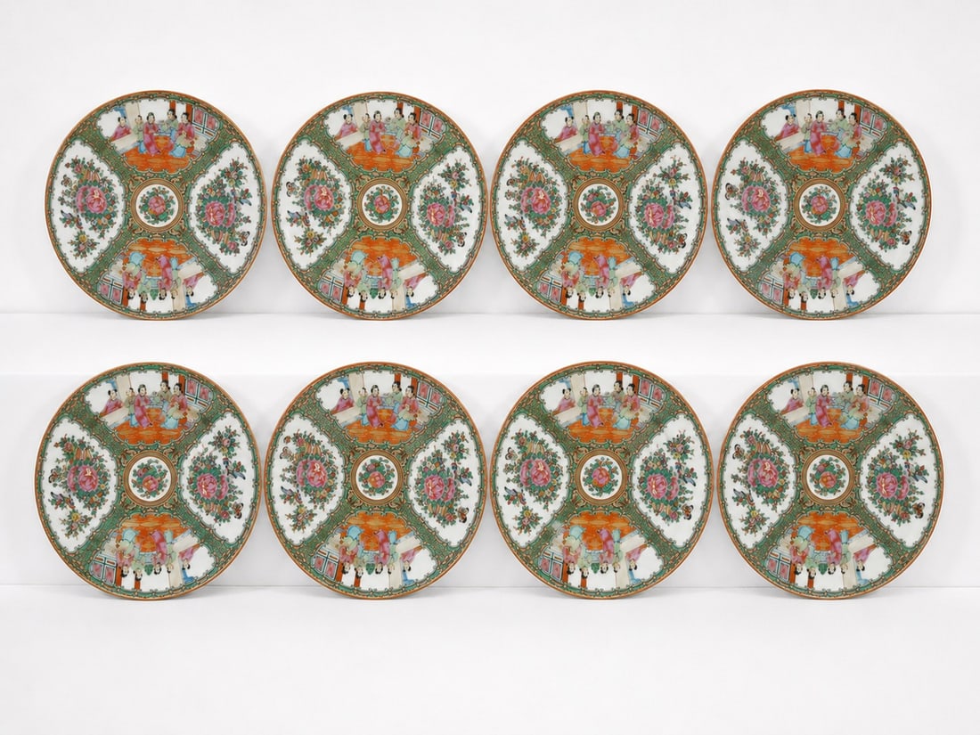 Set of 8 Chinese Export Famille Rose Flowers Plates: Dimension: 9 inch , please note Due to manual measurement, dimensions may vary. Condition: Good used condition, please note buyers are obligated to come to the site to inspect the condition and detail