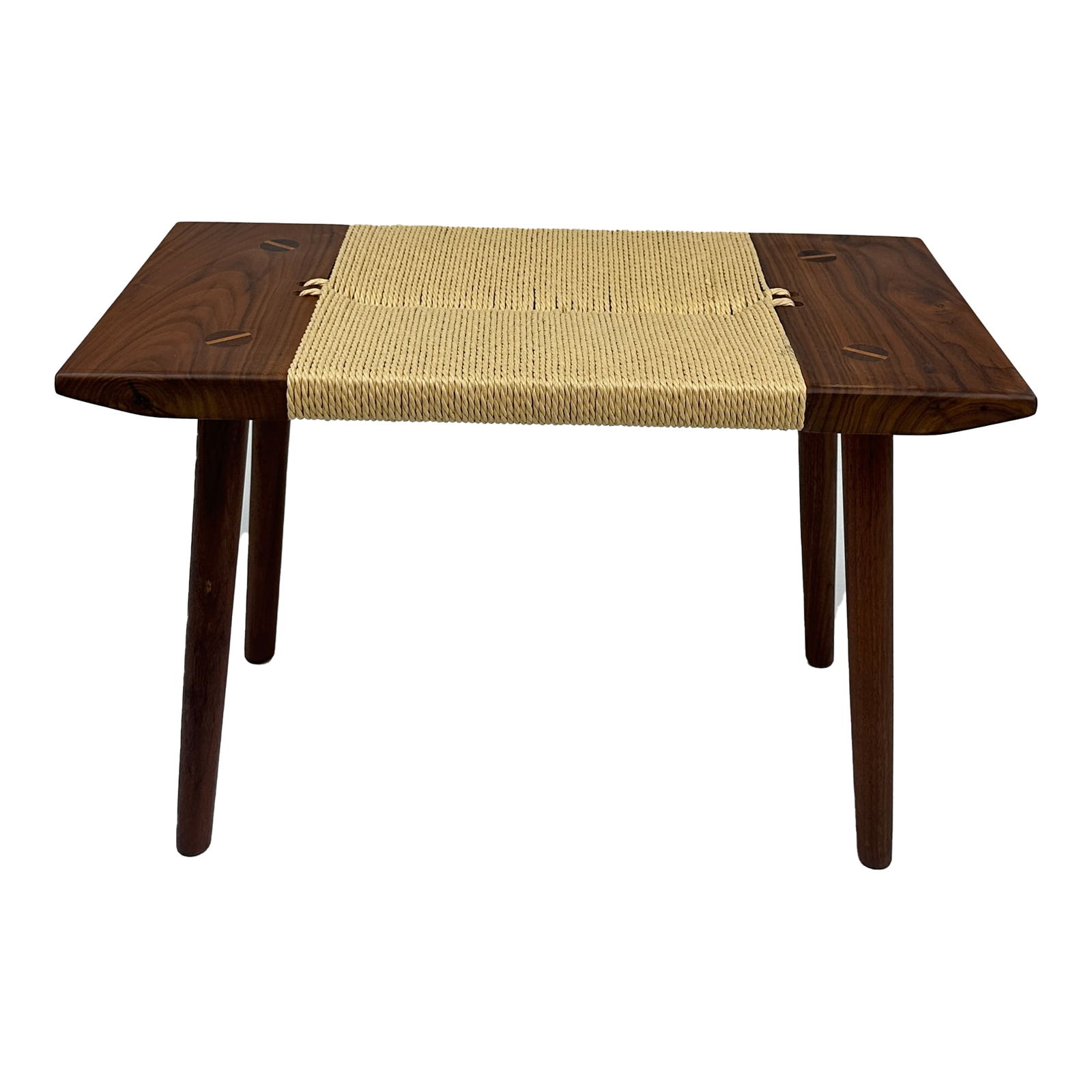 Solid American Walnut Short Bench with Natural Paper Cord Seat, Mid-Century Modern (1 of 4)