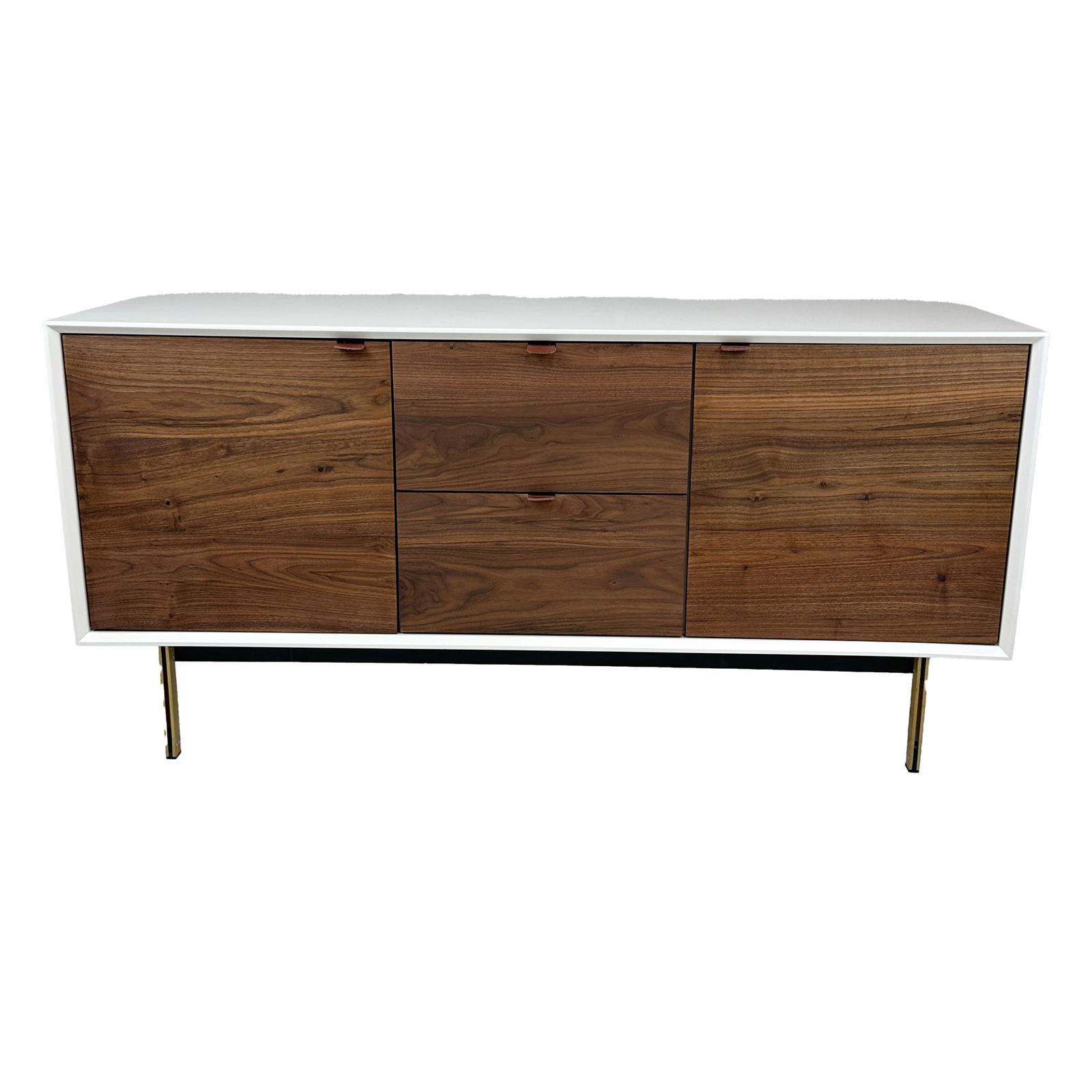 Wood TV Cabinet with White Case and Natural Wood Doors, Mid-Century Modern Media Console (1 of 5)