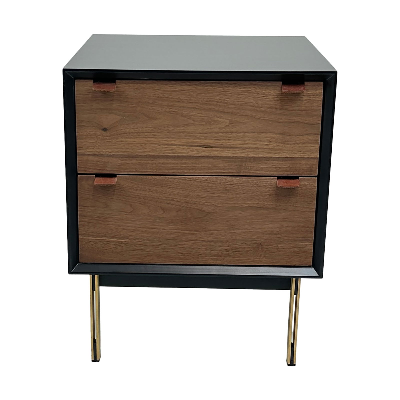 Mid-Century Modern Walnut Nightstand with Black Case, Brass Legs, and Leather Pulls: A mid-century modern nightstand defined by strong contrast, clean lines, and refined materials, inspired by Paul McCobb and Scandinavian modern casework. This piece features a matte black outer case p