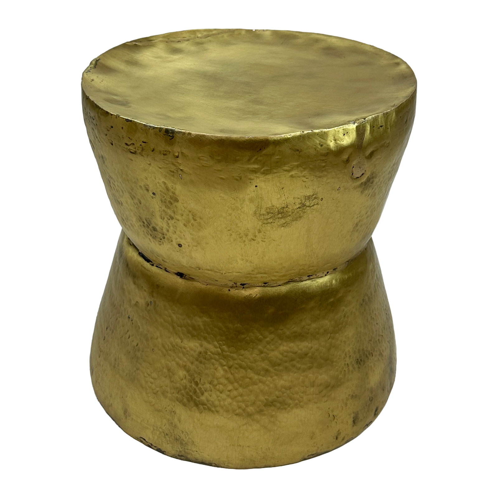 Hammered Brass Drum Stool Side Table: The Brass Drum Stool stands 16 inches tall and brings a warm, handcrafted elegance to any room. Made from solid brass with a gently hammered texture, it captures light beautifully, adding a soft