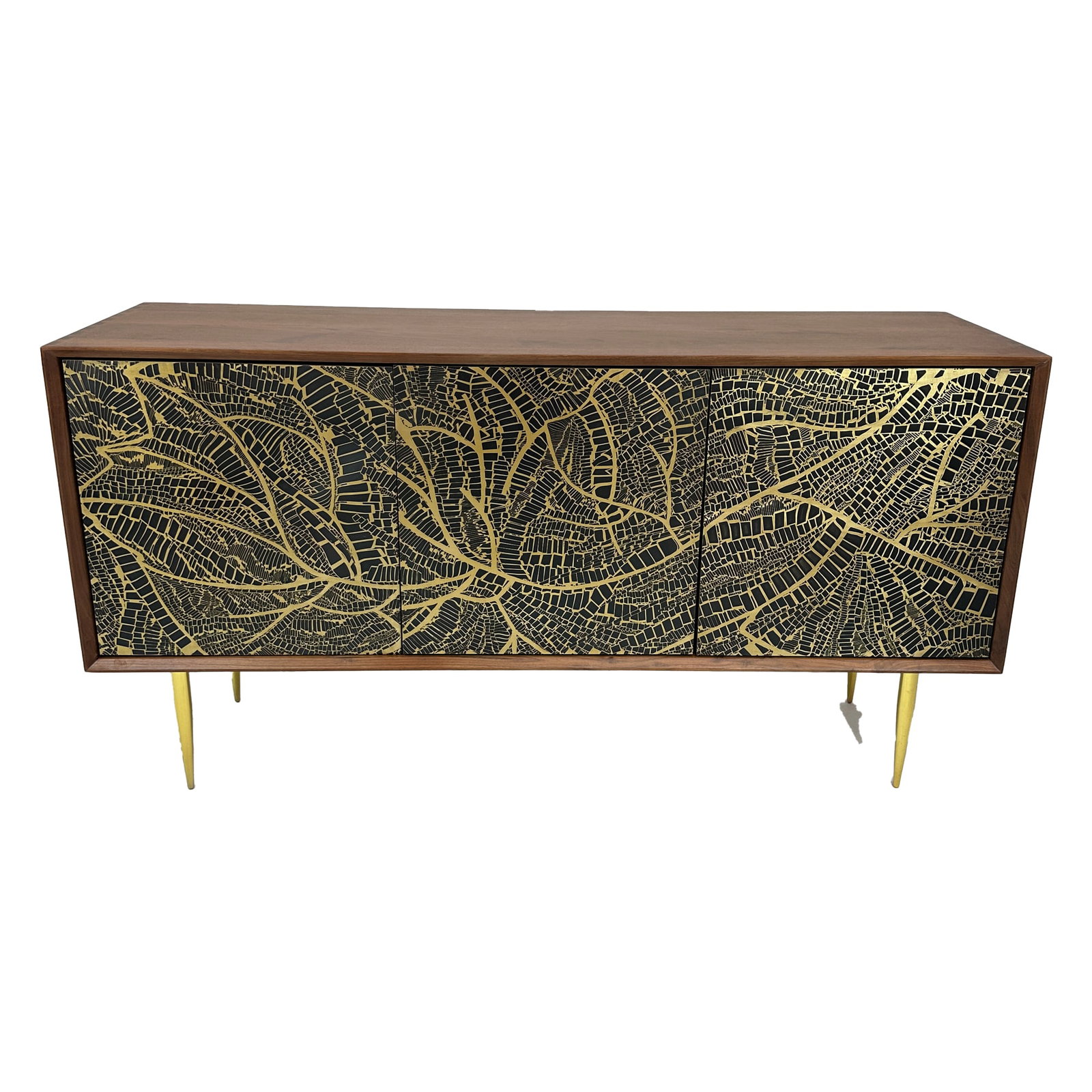 Forest Tree Wood & Brass Accent Cabinet: The Forest Tree Cabinet is a striking fusion of nature-inspired artistry and refined craftsmanship. Its front panels feature an intricate brass inlay that mimics the delicate veins of a forest leaf,