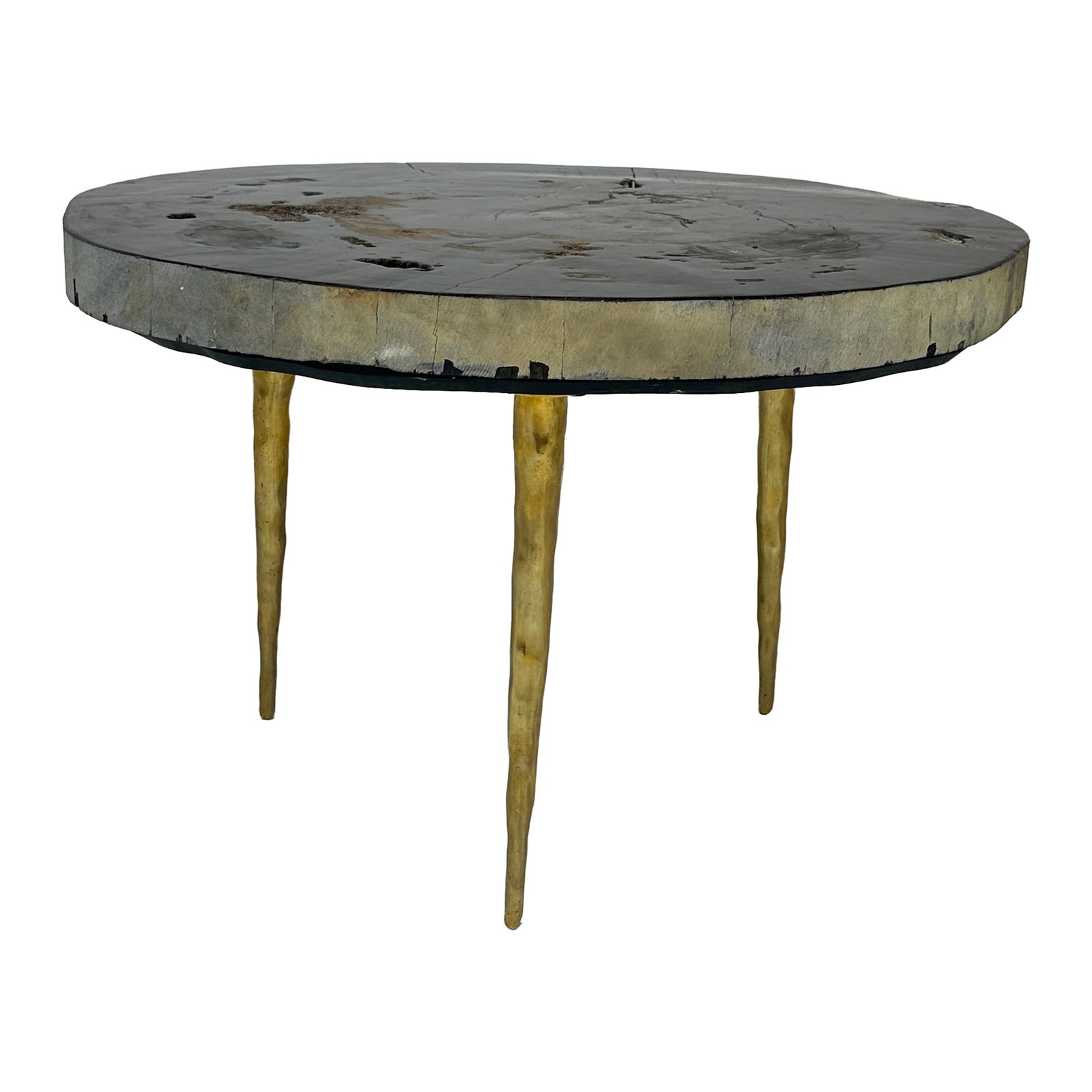 Knoxville Wood & Brass Side Table: The Knoxville Side Table brings an earthy, grounded elegance to any room. Its thick, round wooden top showcases natural cracks and organic texture, giving it a beautifully weathered, one-of-a-kind