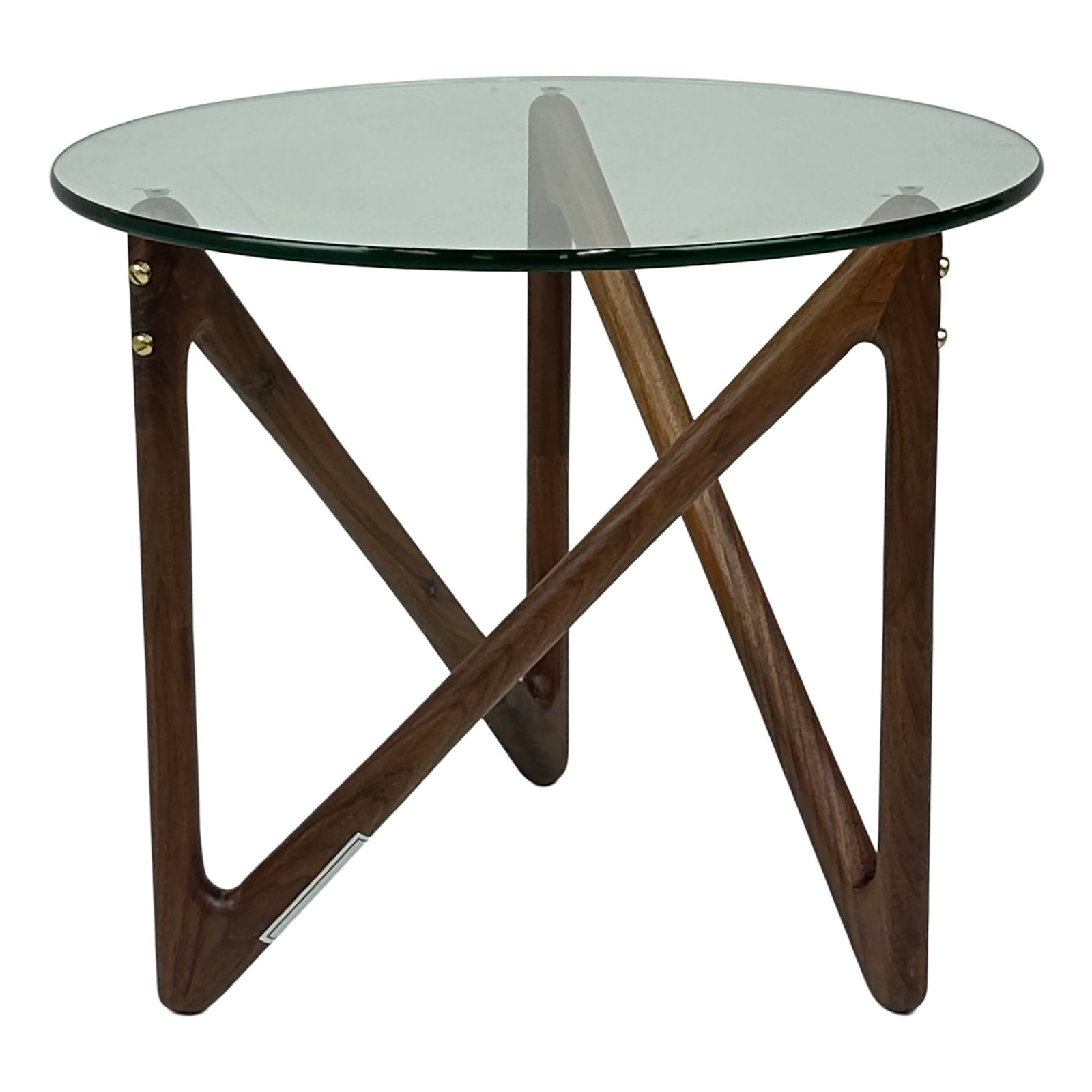 Gigi Walnut & Glass Mid-Century Side Table: The Gigi Side Table combines mid-century charm with modern sophistication. Featuring a sculptural solid walnut base and a round glass top, it strikes a perfect balance between lightness and