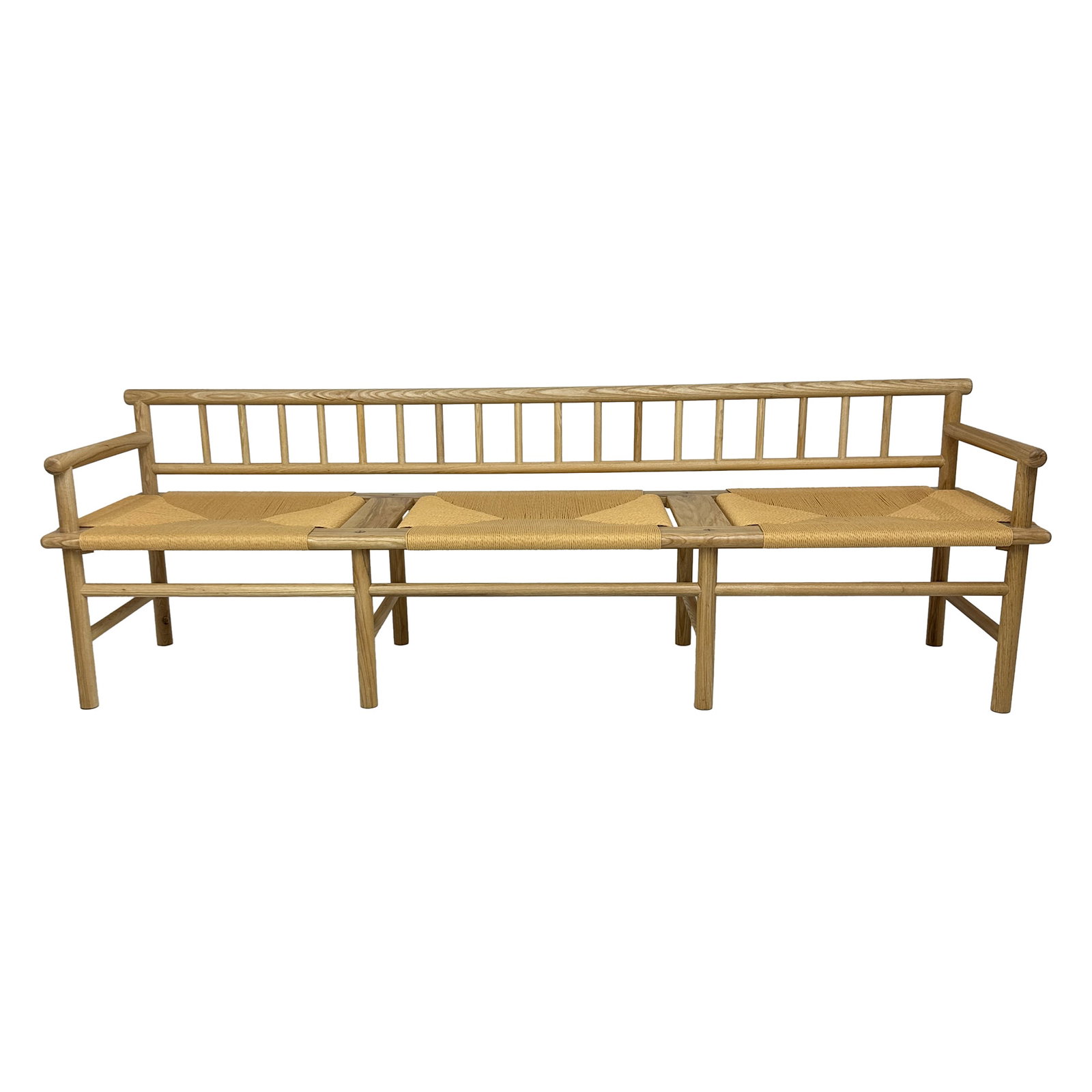 Oscar Scandinavian Wood Woven Sofa Bench: The Oscar Sofa bench blends Scandinavian simplicity with timeless craftsmanship. Made from solid wood, its frame features smooth rounded edges and a spindle-style backrest that offers both comfort