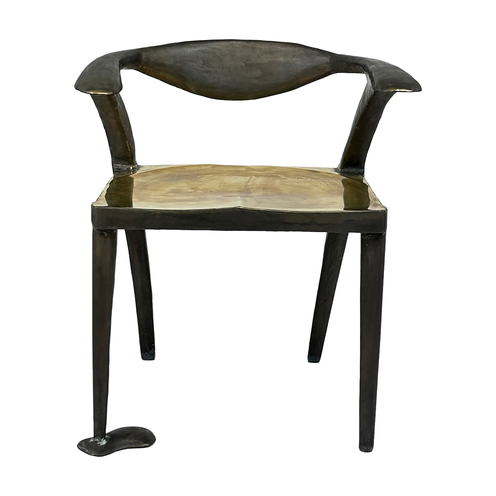 Sculptural Bronze Modernist Accent Chair: A striking sculptural chair crafted in bronze with an organic, fluid silhouette. The curved, sweeping arms and softly contoured seat suggest both motion and elegance, blending function with artistic