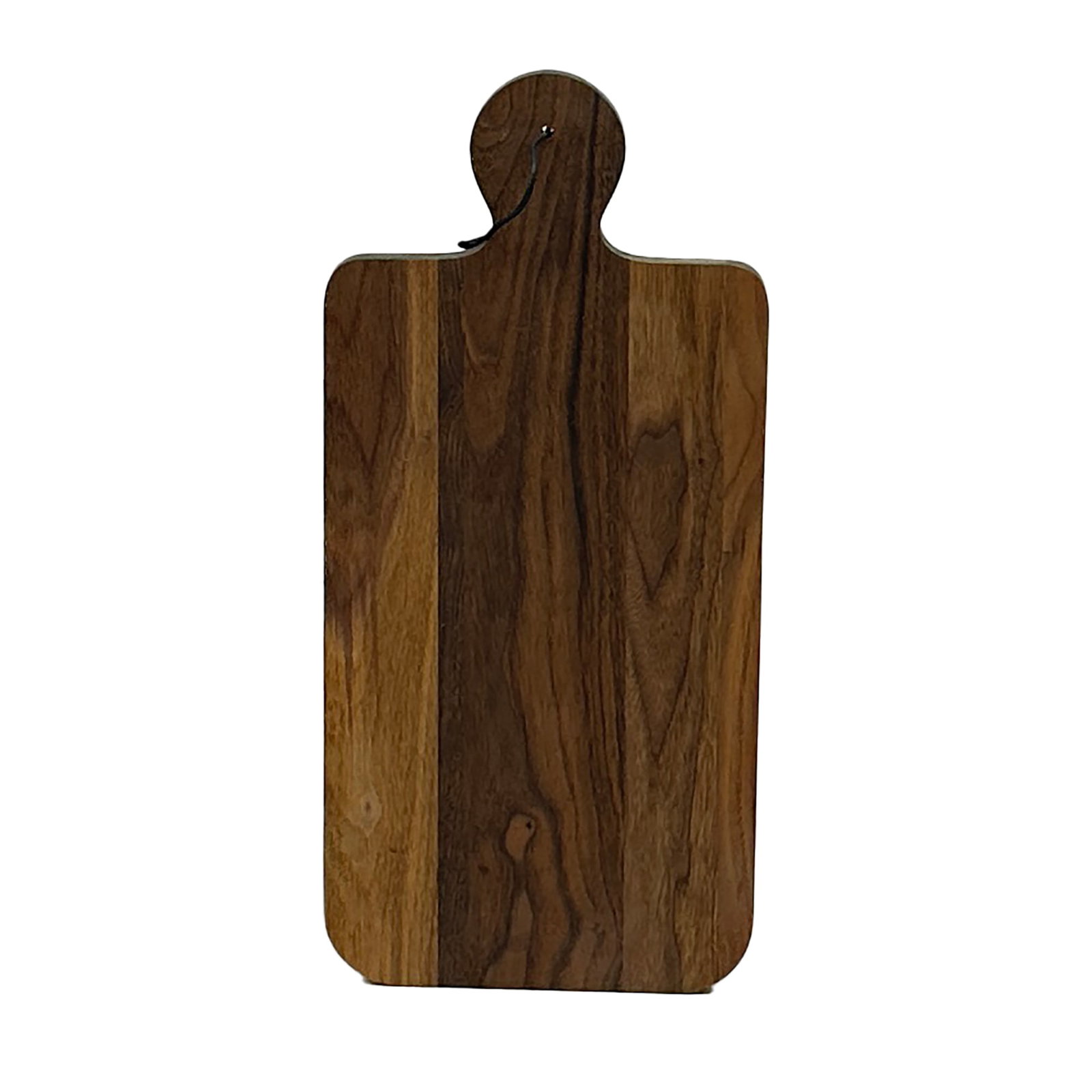 Solid Wood Cutting & Serving Board: A beautifully crafted solid wood cutting and serving board featuring a rounded handle with hanging cord. Measuring 19.5 inches tall, this versatile board showcases rich wood grain patterns and warm