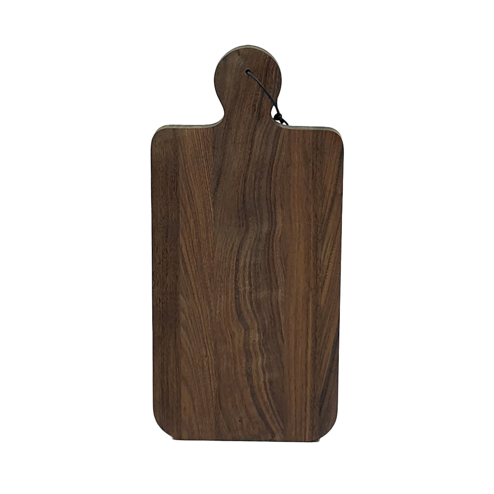 Solid Wood Cutting & Serving Board: A beautifully crafted solid wood cutting and serving board featuring a rounded handle with hanging cord. Measuring 19.5 inches tall, this versatile board showcases rich wood grain patterns and warm