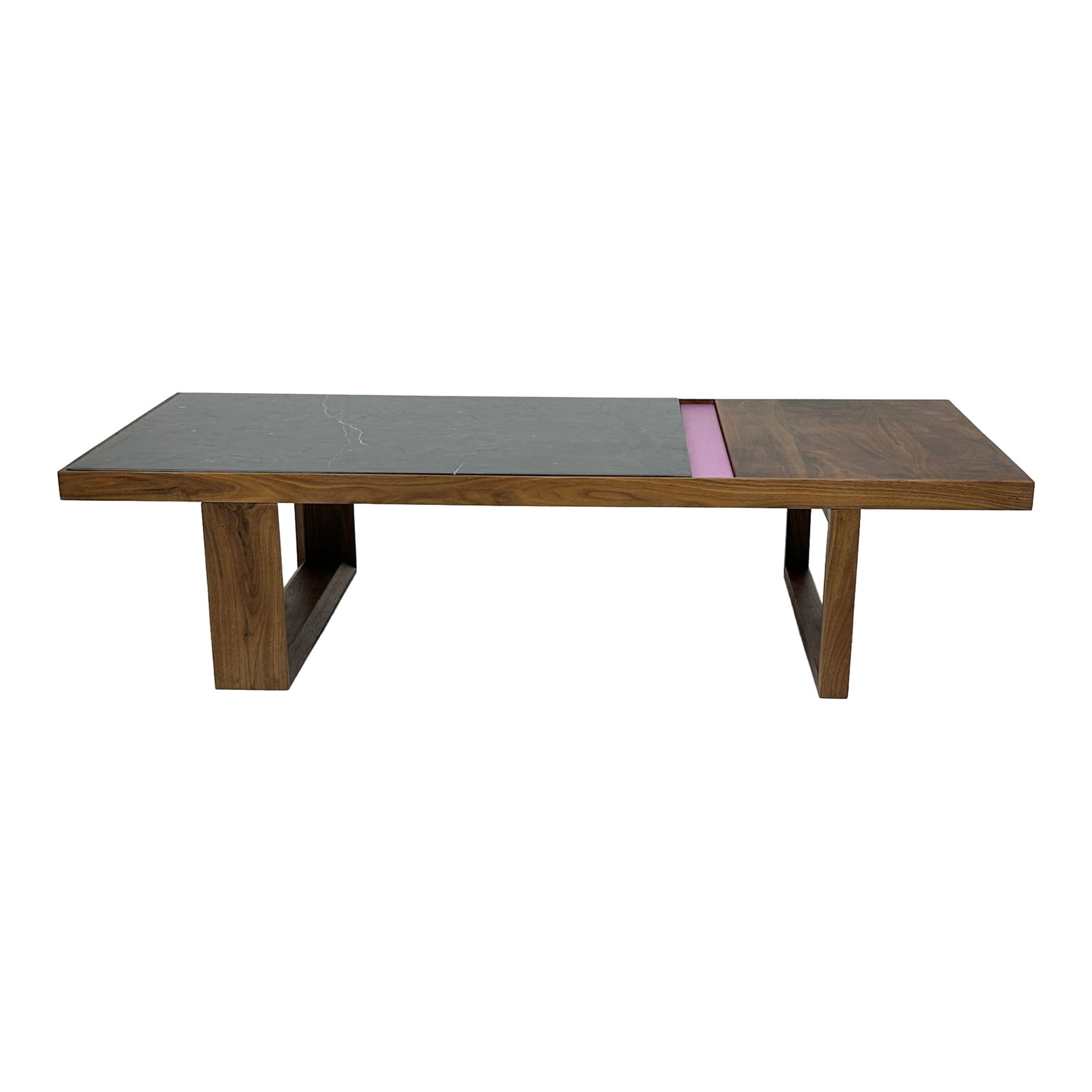 Marble Walnut & Magenta Modern Coffee Table: A low-profile coffee table featuring a striking combination of materials and textures. The rectangular top includes a sleek marble inset, warm walnut wood, and a bold magenta color accent, all framed