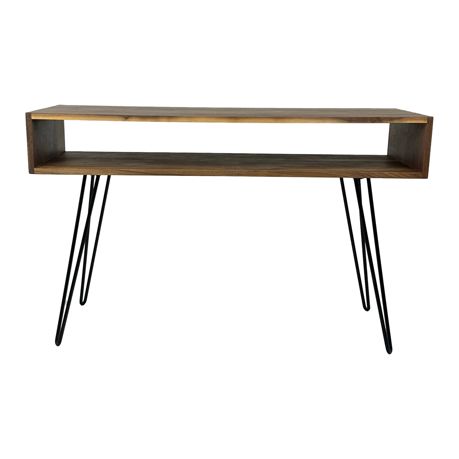 Walnut Console Table with Hairpin Legs: A sleek and functional console table blending mid-century style with industrial flair. Crafted with a solid walnut open shelf top and supported by minimalist black hairpin legs, this 31-inch tall piec
