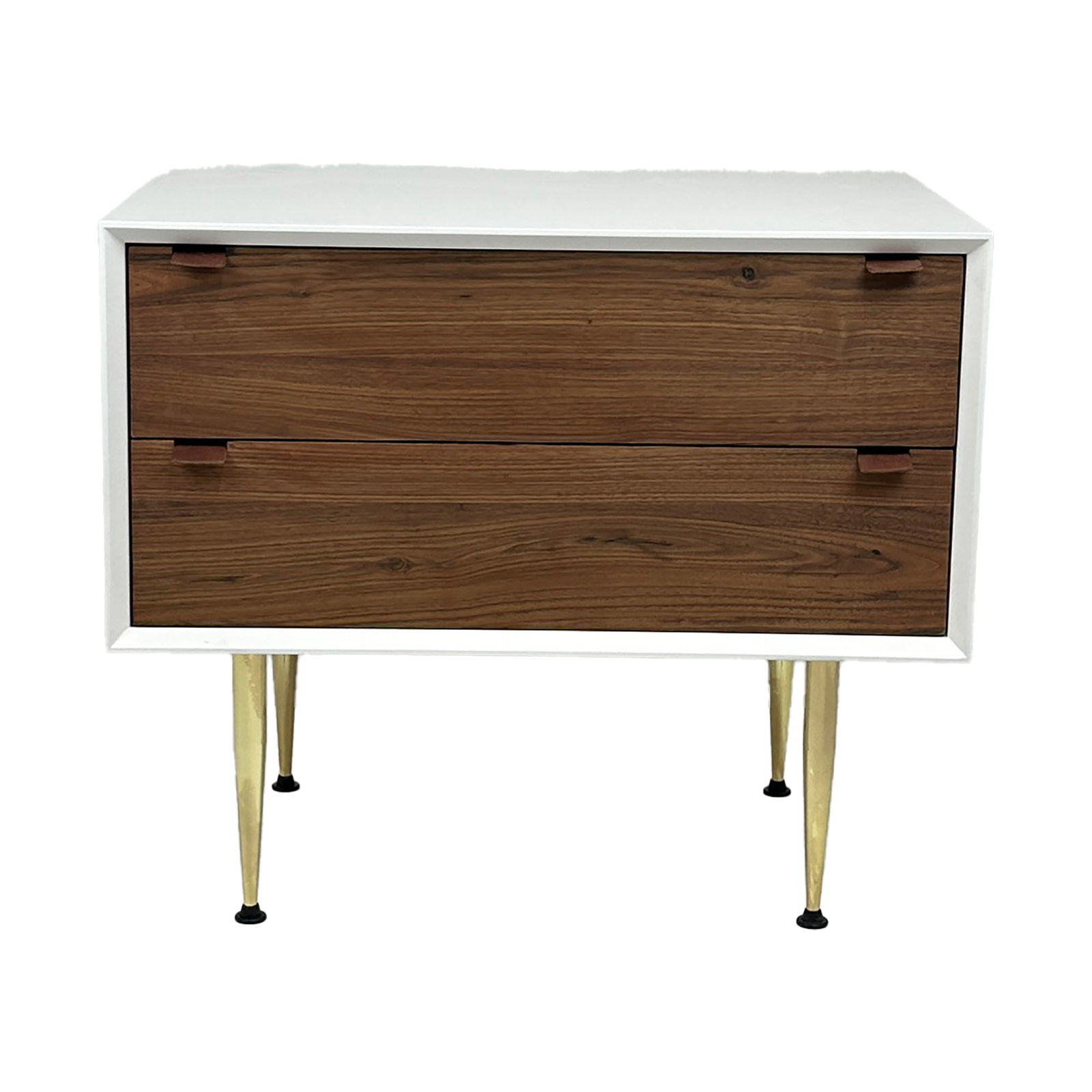 Walnut White & Brass Mid-Century Nightstand: A sleek mid-century modern style nightstand or side table featuring a white outer case with rich walnut drawer fronts and solid brass tapered legs. This 22.75-inch tall piece offers two spacious drawe