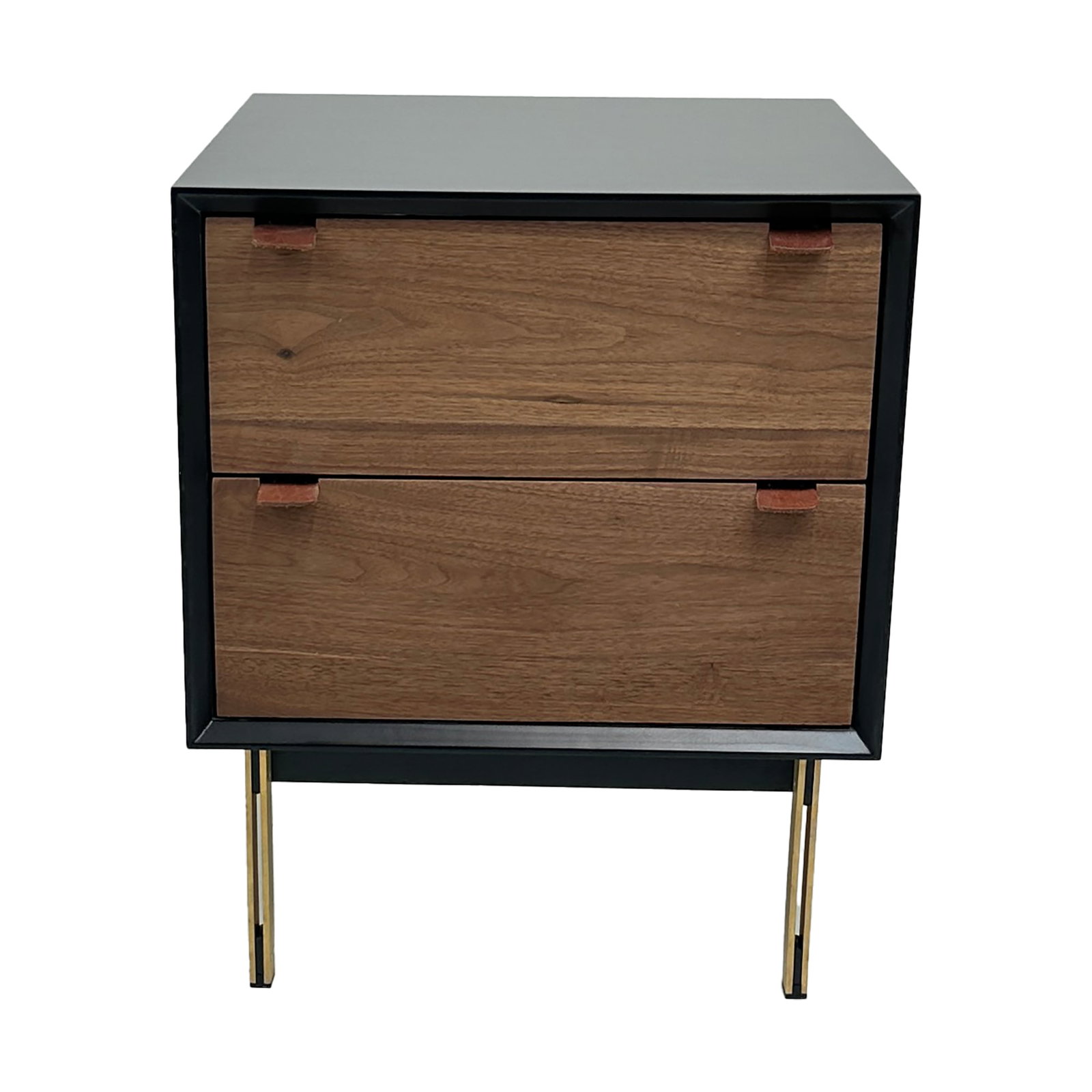 Black Walnut & Brass Modern Nightstand: A sleek modern nightstand or side table with bold contrasting finishes and elegant details. This 24-inch tall piece features a matte black frame, warm walnut wood drawer fronts, and slim brass legs fo