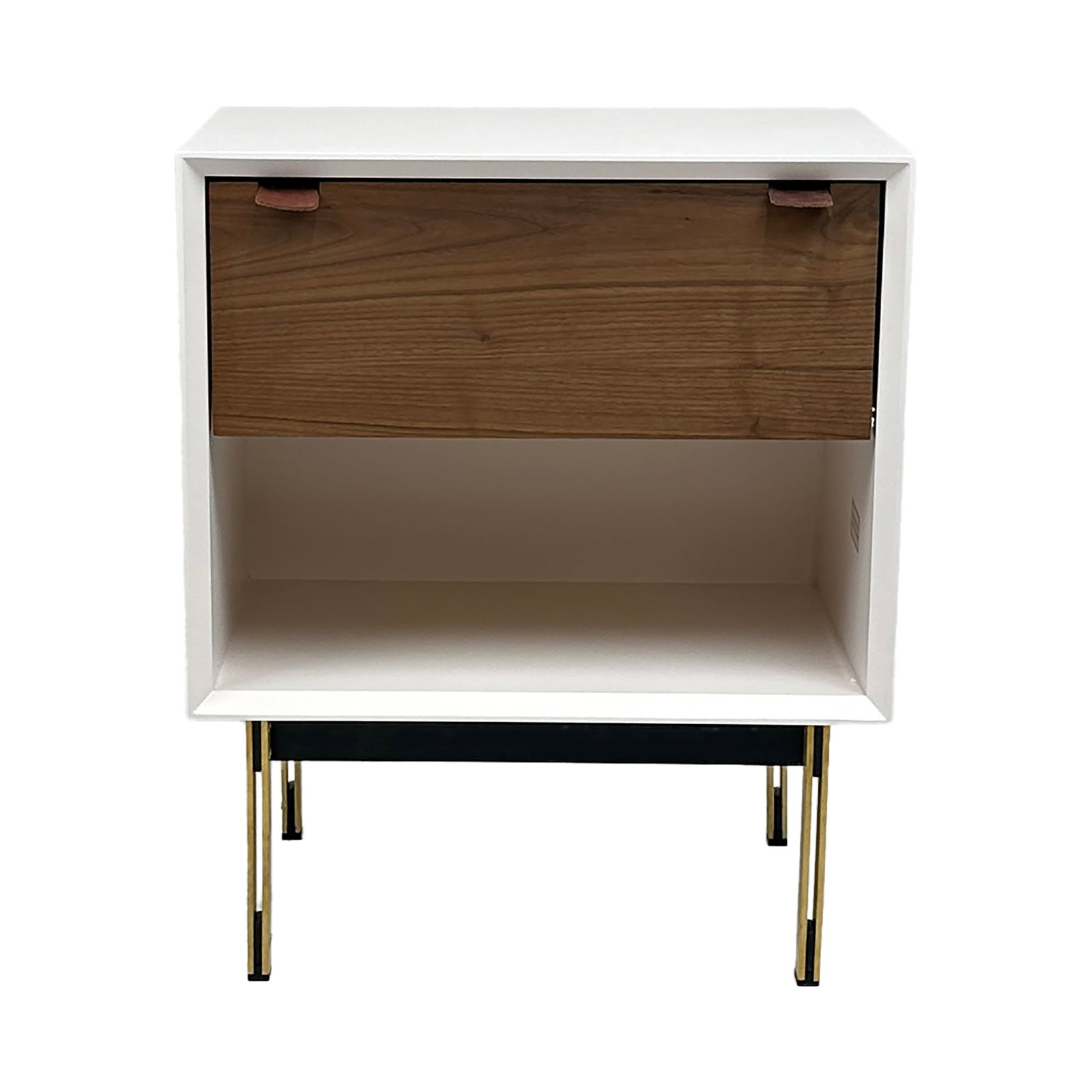 White Walnut & Brass Modern Nightstand: A modern nightstand or bedside table that blends form and function with a sleek, minimalist design. This 24-inch tall piece features a white frame with an open lower shelf and a single walnut-front