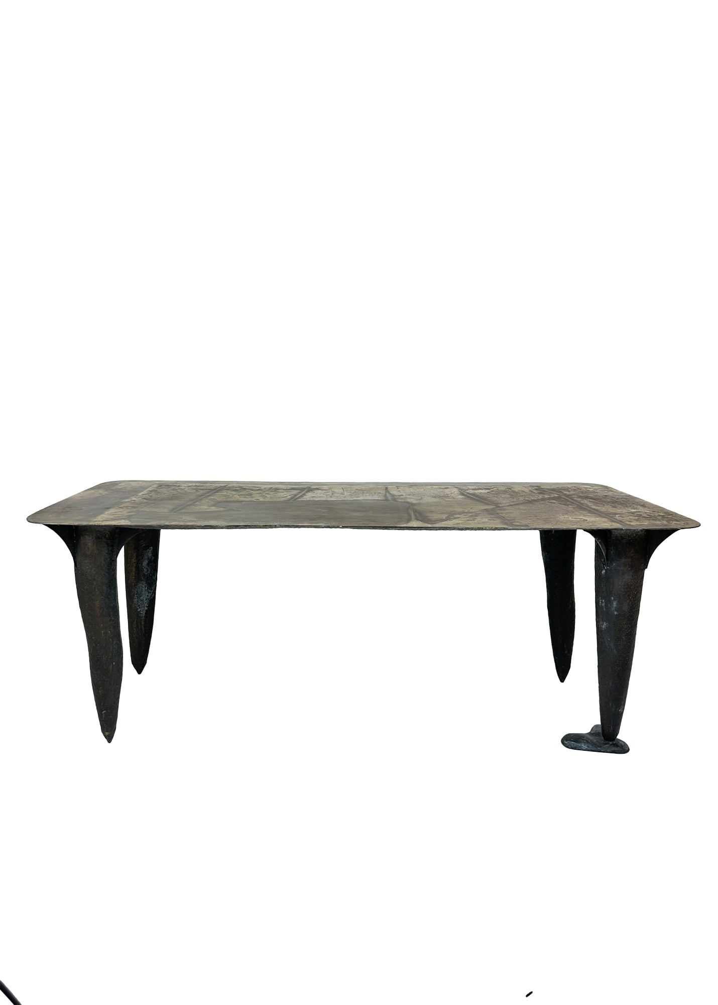 Brutalist Patinated Cast Metal Dining Table: A bold and sculptural dining table with a distinctive brutalist design, standing 30 inches tall. Crafted from cast metal with a patinated finish, the piece features organically tapered legs and a text