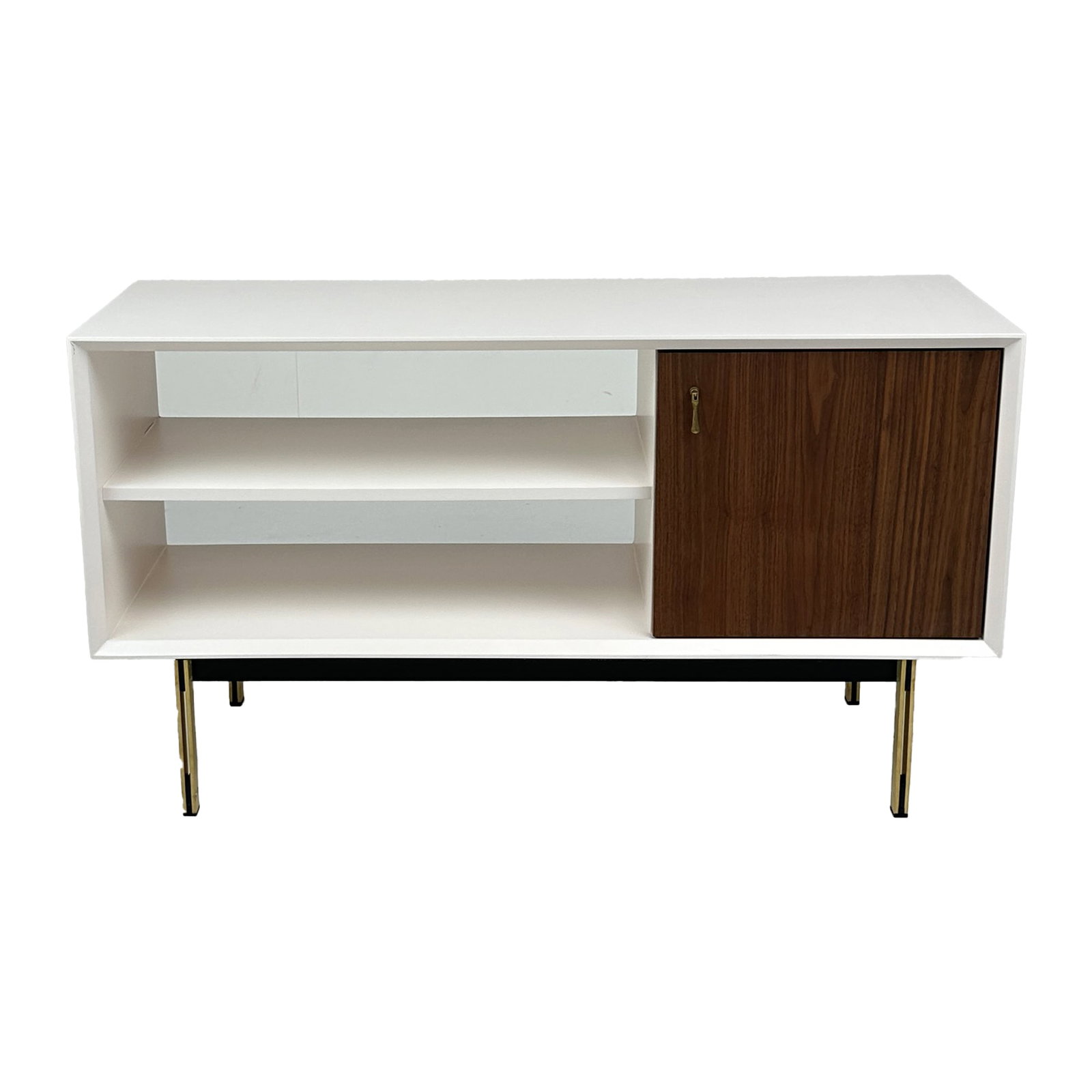 White Walnut & Brass Media Console: A sleek and modern low-profile media console or storage bench featuring a crisp white frame, warm walnut cabinet door, and slender brass legs. At just 20.5 inches tall, this versatile piece includes