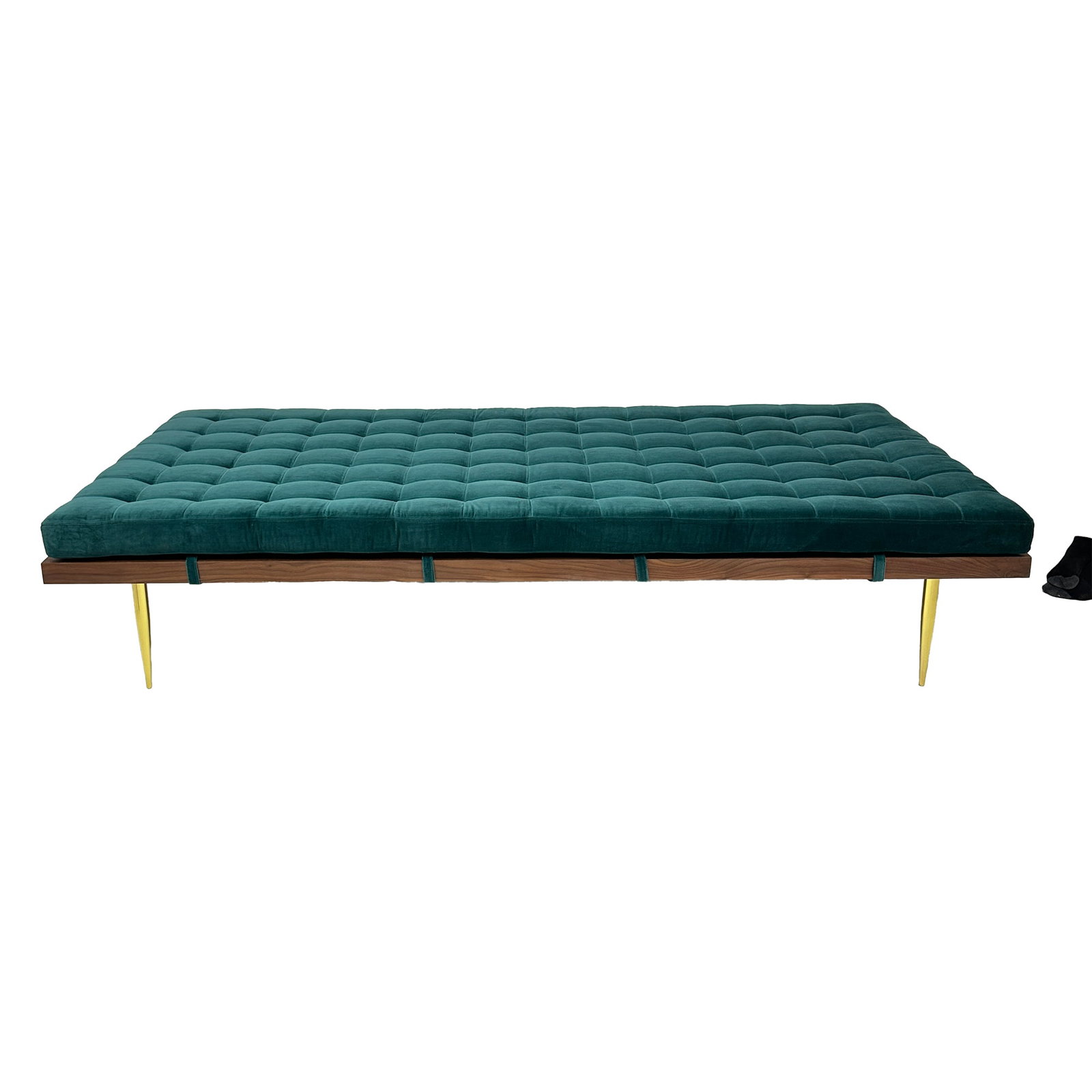 Teal Velvet Walnut & Brass Daybed Bench: A luxurious and sculptural daybed or bench featuring deep teal tufted velvet upholstery, a warm walnut wood frame, and tapered brass legs. At 15 inches tall, this elegant piece blends mid-century